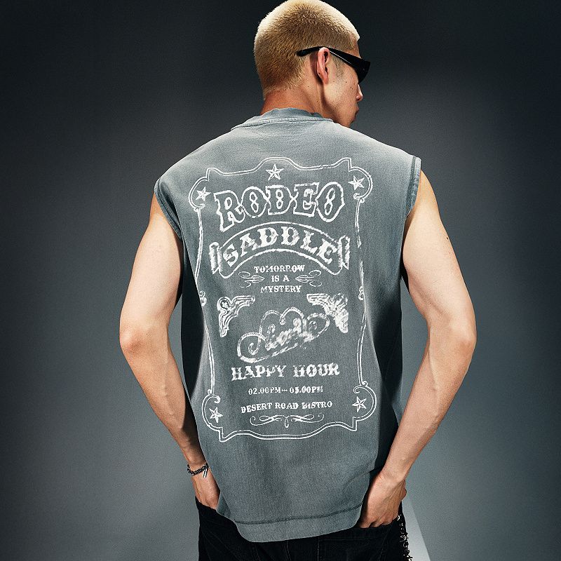 

HM Men s Clothing Vest 2025 Summer New Back Print Heavy Loose American Sleeveless Top 1271806 Turquoise 175/108(L)