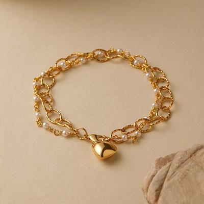 Double Layer Heart Pendant Abs Pearl Chain Bracelet For Women Fashion Jewelry