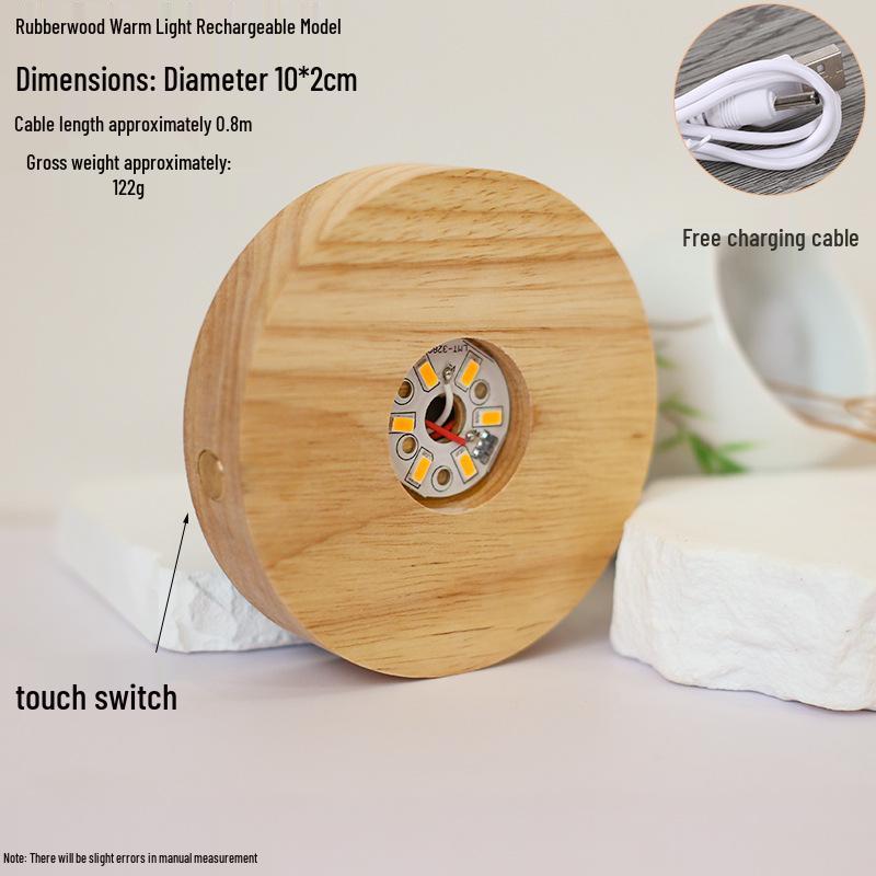 Round LED Night Light with Luminous Crystal Ball and Wooden Base for Bedroom