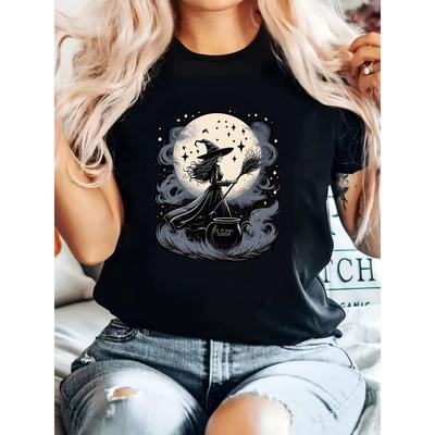 Halloween-themed Women's Fashion Casual Printed T-shirt with Halloween Witch Star and Moon Patterns