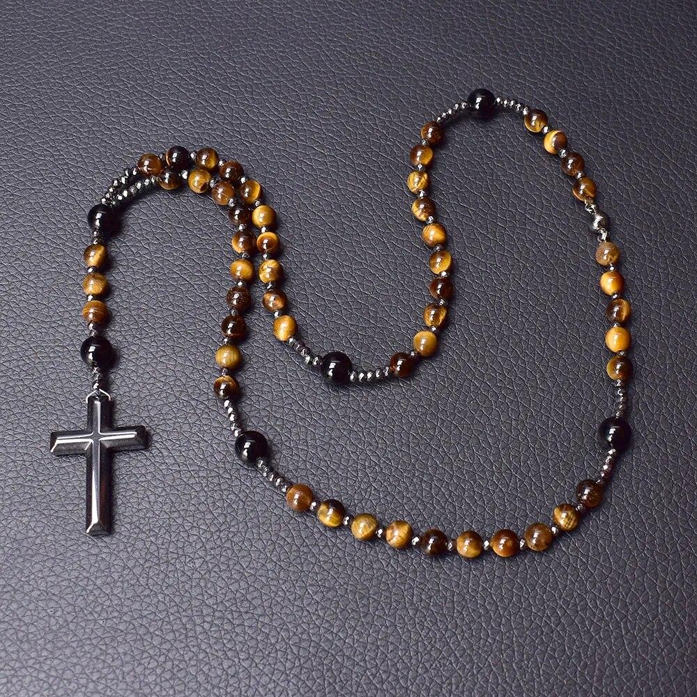 

Brown Tiger Eye Stone Catholic Rosary Necklace Hematite Cross Necklace for Women Handmade Vintage Jewelry Dropship