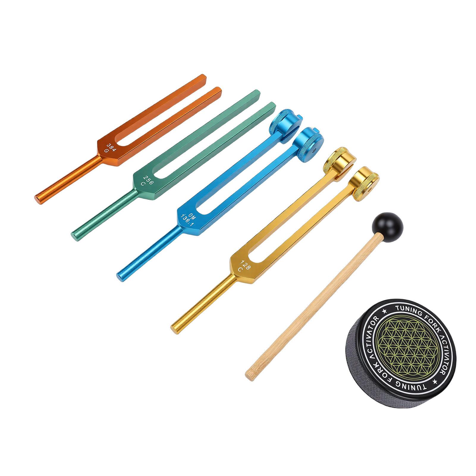 

4 PCS Tuning Fork Set Aluminum Alloy Tuning Fork Set with Activation Block for Yoga Chakra Meditation Gold Blue Green