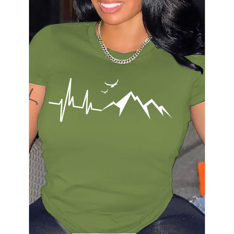 Letnia okrągła szyja góra z nadrukiem wzoru górskiego modna casualowa z krótkim rękawem damskie bawełniane koszulki