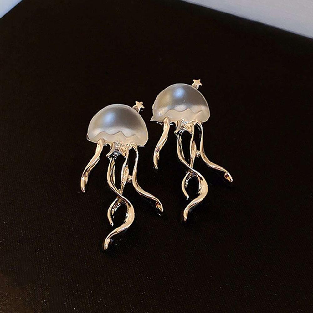 Women Floating Jellyfish Earrings Stud Silver Color Transparent Crystal Cute Deep-Sea Jellyfish Post Earrings Cute Girls Jewelry