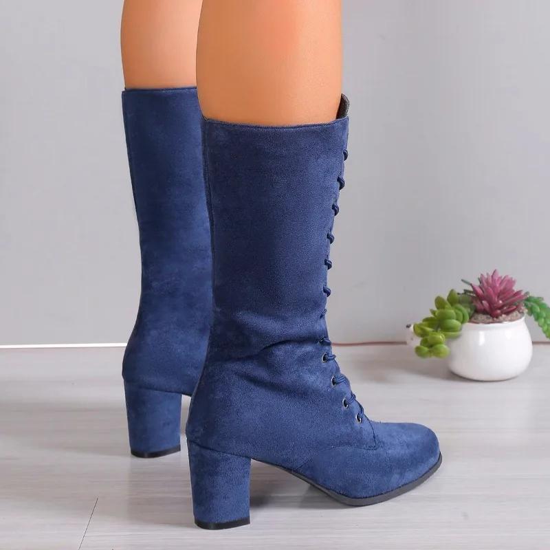 2024 Černé kozačky Dámské boty po koleno Dámské ležérní Vintage Retro Kozačky do půli lýtka Šněrovací Silné podpatky Boty