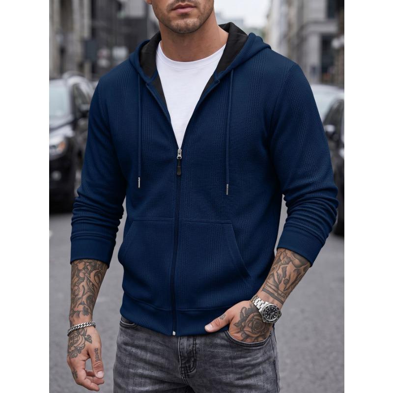 Men S Textured Waffle Knit Hooded Pocket Cardigan Sweatshirt