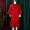 Elegant Office Dresses Women Bow Collar Ruffles Sleeve Straight Mid Calf Fashion Formal Female Business Work Wear Dress Midi Hot