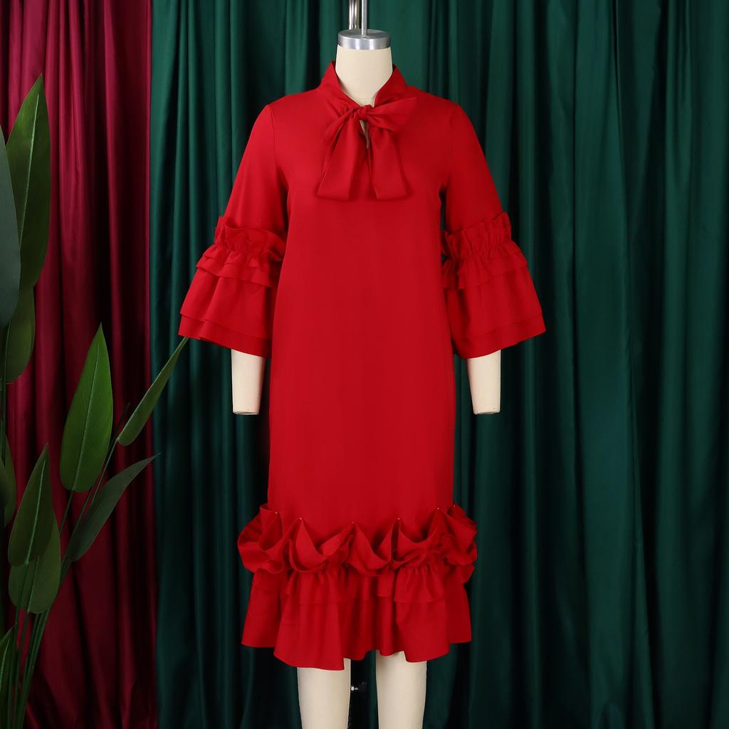 Elegant Office Dresses Women Bow Collar Ruffles Sleeve Straight Mid Calf Fashion Formal Female Business Work Wear Dress Midi Hot