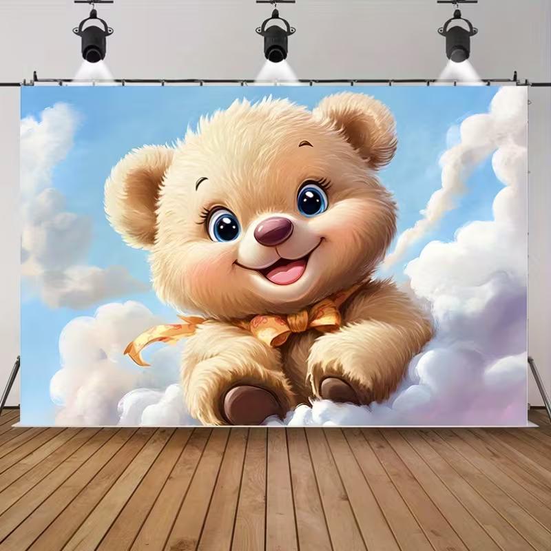 2D Cute Teddy Bear on Clouds Baby Shower Photography Backdrop