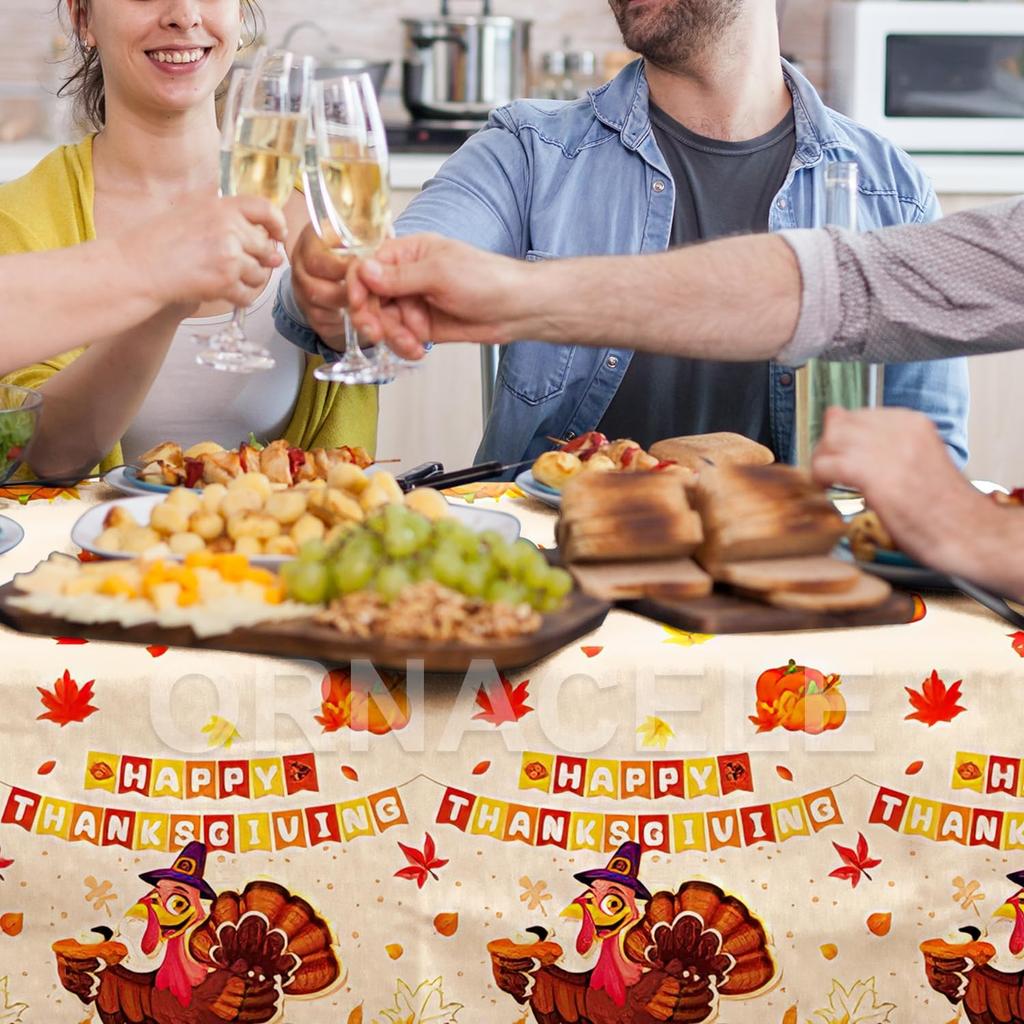 1 Pack Thanksgiving Fall Tablecloth Disposable - 108" × 54", Fall Table Cloth Autumn Harvest Turkey Pumpkin Leaves Tablecover Plastic Rectangle