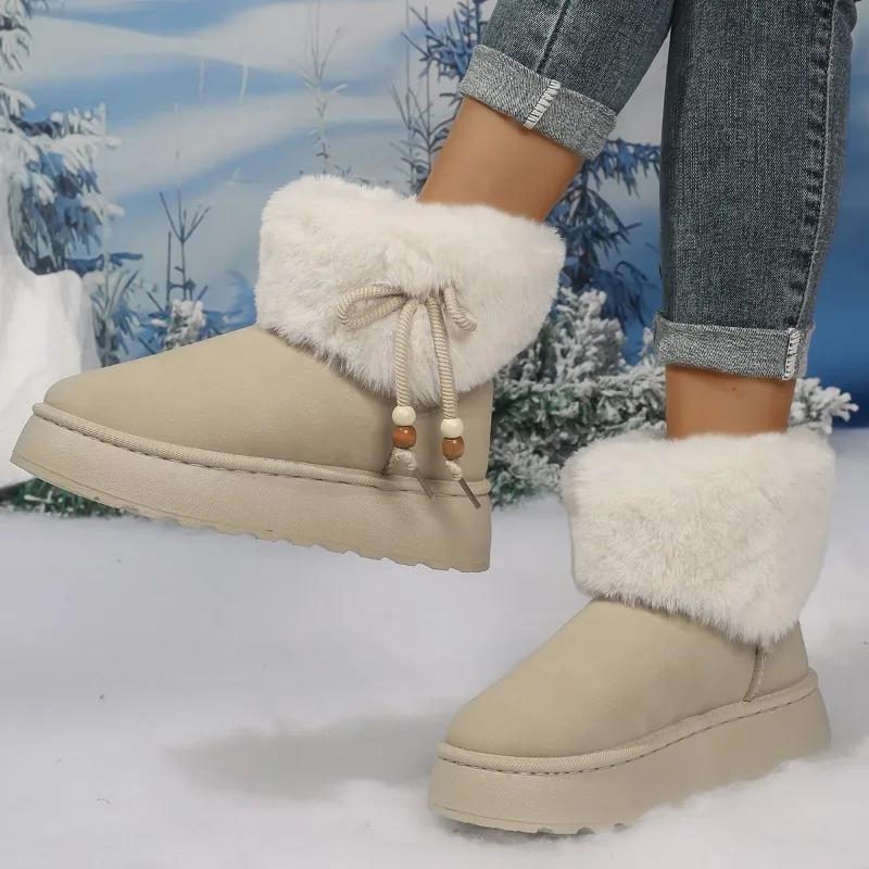 

Fashion Flat with Mid Heel Snow Boots Winter New Ankle 2025 High Quality Ladies Shoes Solid Faur Fur Butterfly-knot Concise Boots 43 бежевый