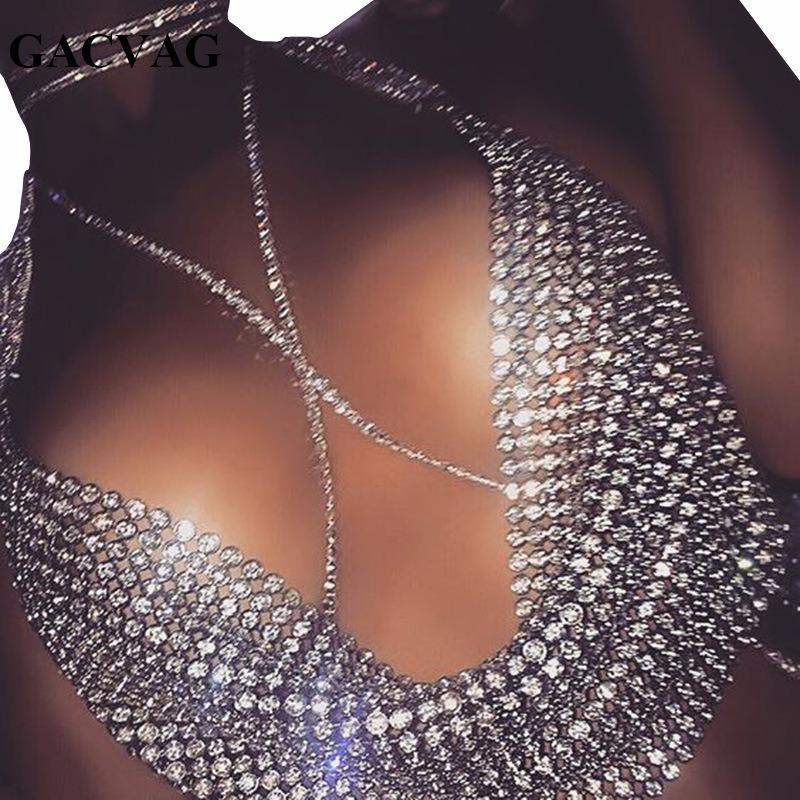 Kvinners diamanter lavt snitt ryggløse glitrende diamanter Tie Chain Halter Deep V Neckless Topp