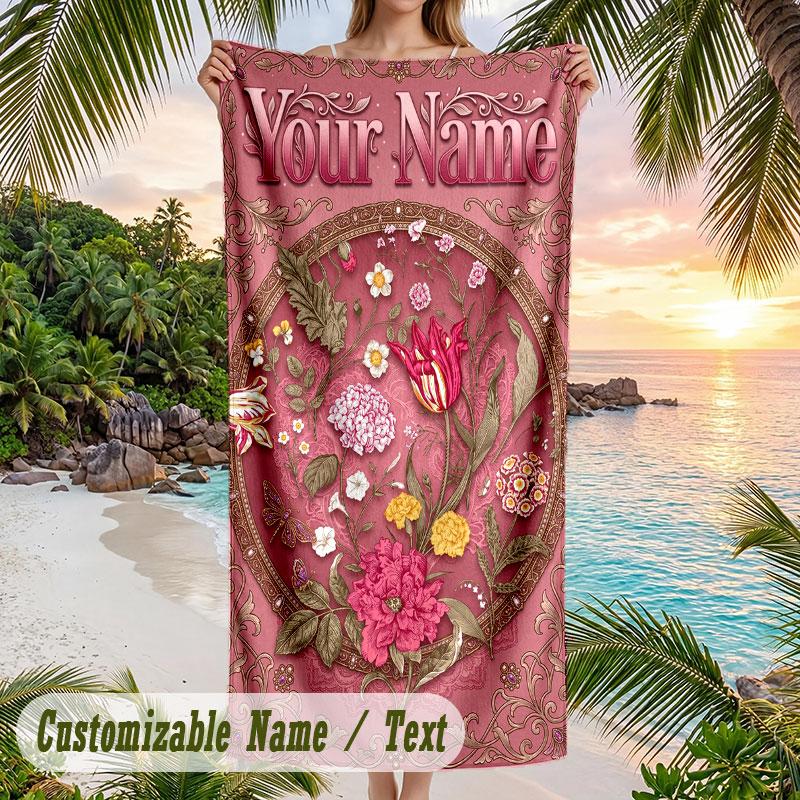 Floral Artwork 5 Theme Quick Dry Beach Towel Custom Name Text Print Large Sand Resistant Towel Beach Vacation