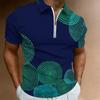 Women Short Sleeve Polo Shirt Dark Blue Teal Spiral Dot Circle Print Half Zip Lapel Top
