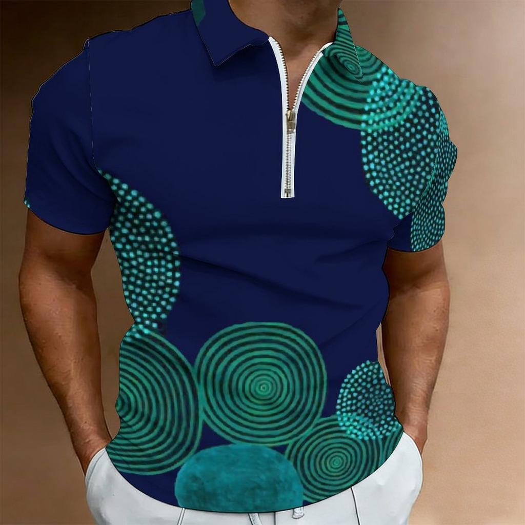 Women Short Sleeve Polo Shirt Dark Blue Teal Spiral Dot Circle Print Half Zip Lapel Top