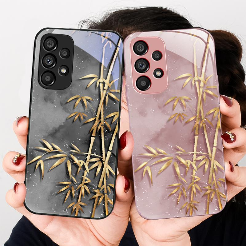 Golden Bamboo Black For Samsung Galaxy S23 U Ltra 24 Plus S20 21 FE S25 Ultra A70 A72 73 51 52 53 Tempered Glass Phone Case