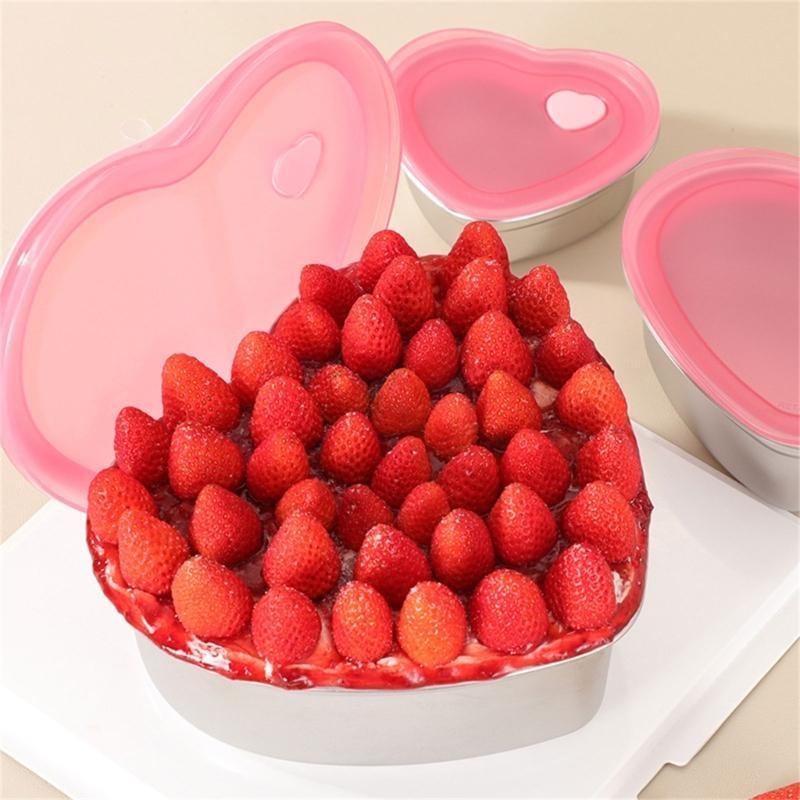 E8Bd Practical Stainless Steels Sweet Holders Unique Heart Cake Bowl With Silicone Lid Unique Dessert Storage Holders
