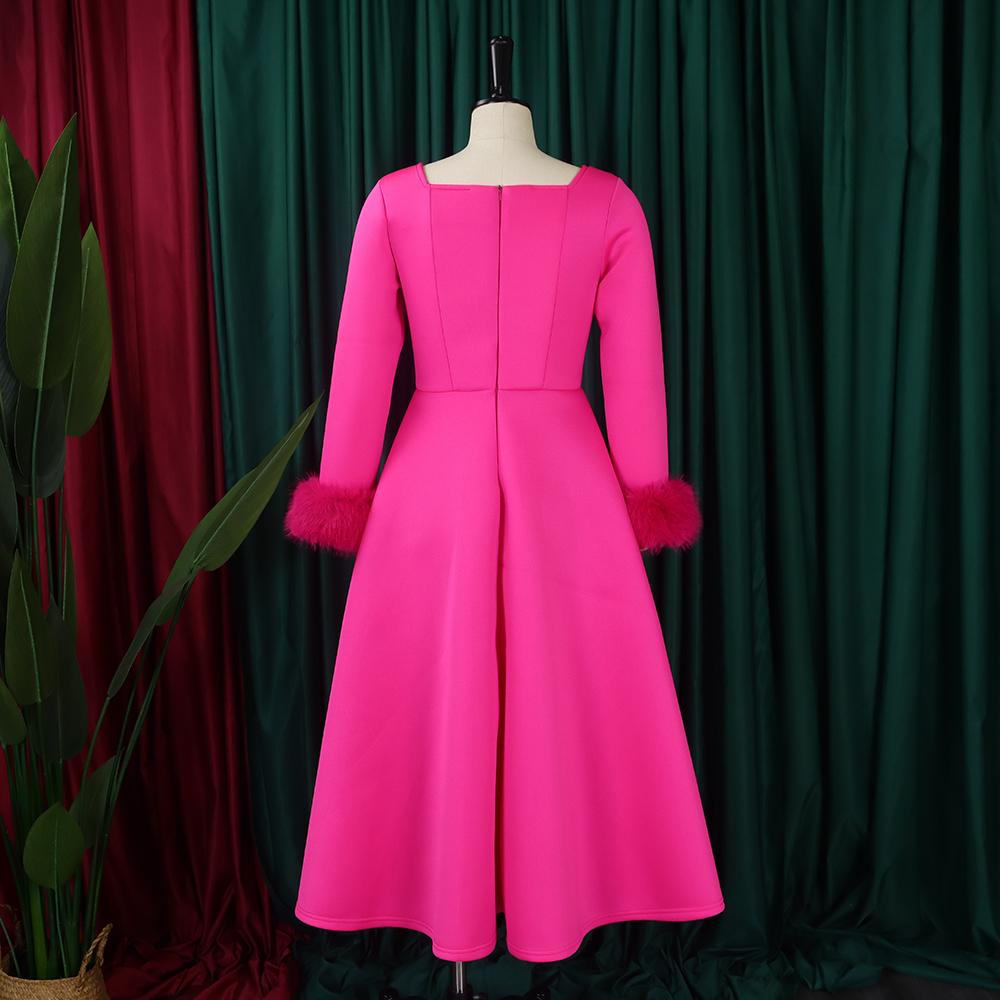 Women Elegant Party Dresses Square Neck Long Sleeve High Waisted Pleated A Line Mid Calf Luxury Birthday Dress Robe