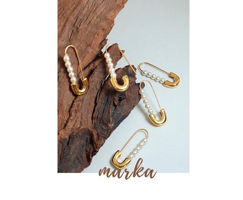 European & American Retro Style Paperclip Faux Pearl Titanium Steel 18K Gold-Plated Earrings