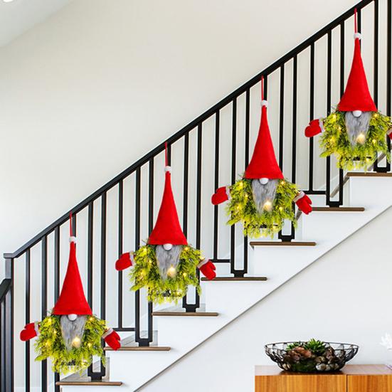 Lighted Gnome Christmas Wreath for Front Door Artificial Pine Spruce Hanging Sign Swedish Tomte Holiday Decor for Indoor Outdoor Porch Window Wall