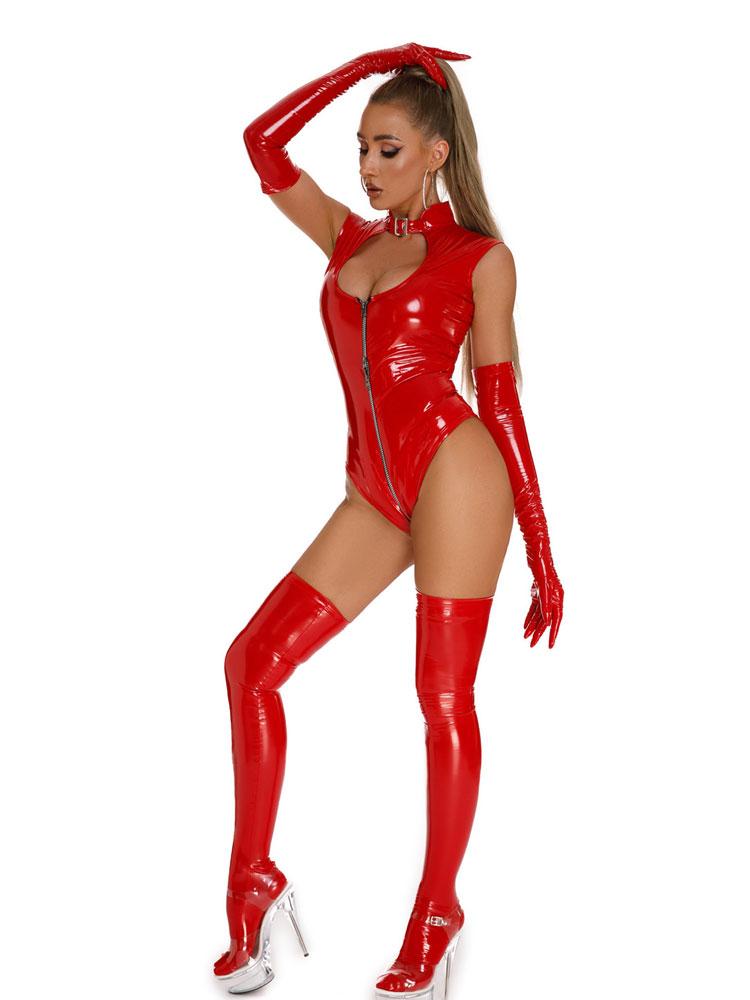Sexy Long Zipper Open Crotch High Cut Bodysuit Elastic Pvc Latex Sexy Tight Open Chest Hollow Out Maid Leotard Catsuit Cosplay