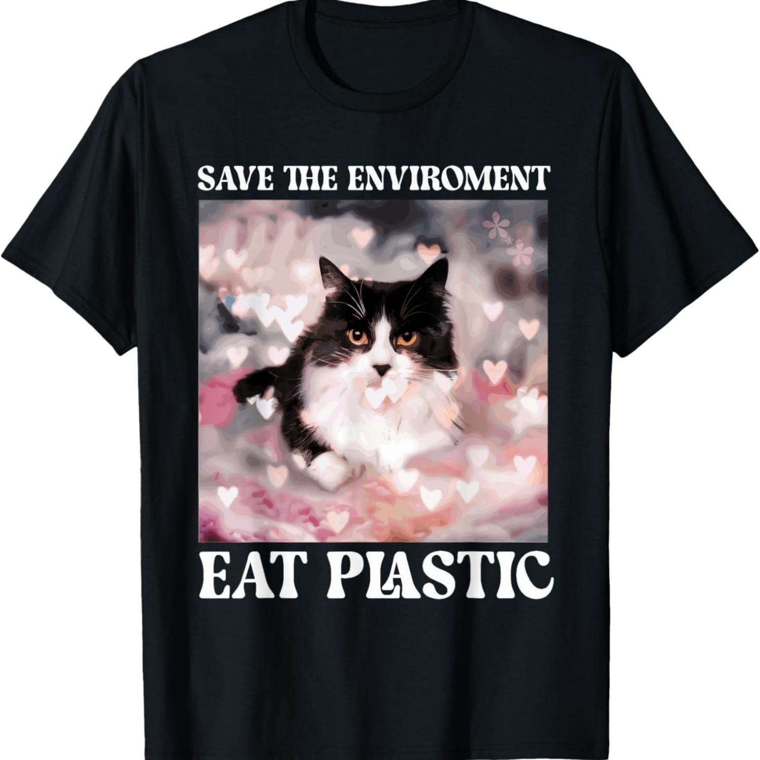 

Help Save the Environment_ Eat Plastic – A Cute Cat Meme T-Shirt(1) S чёрный