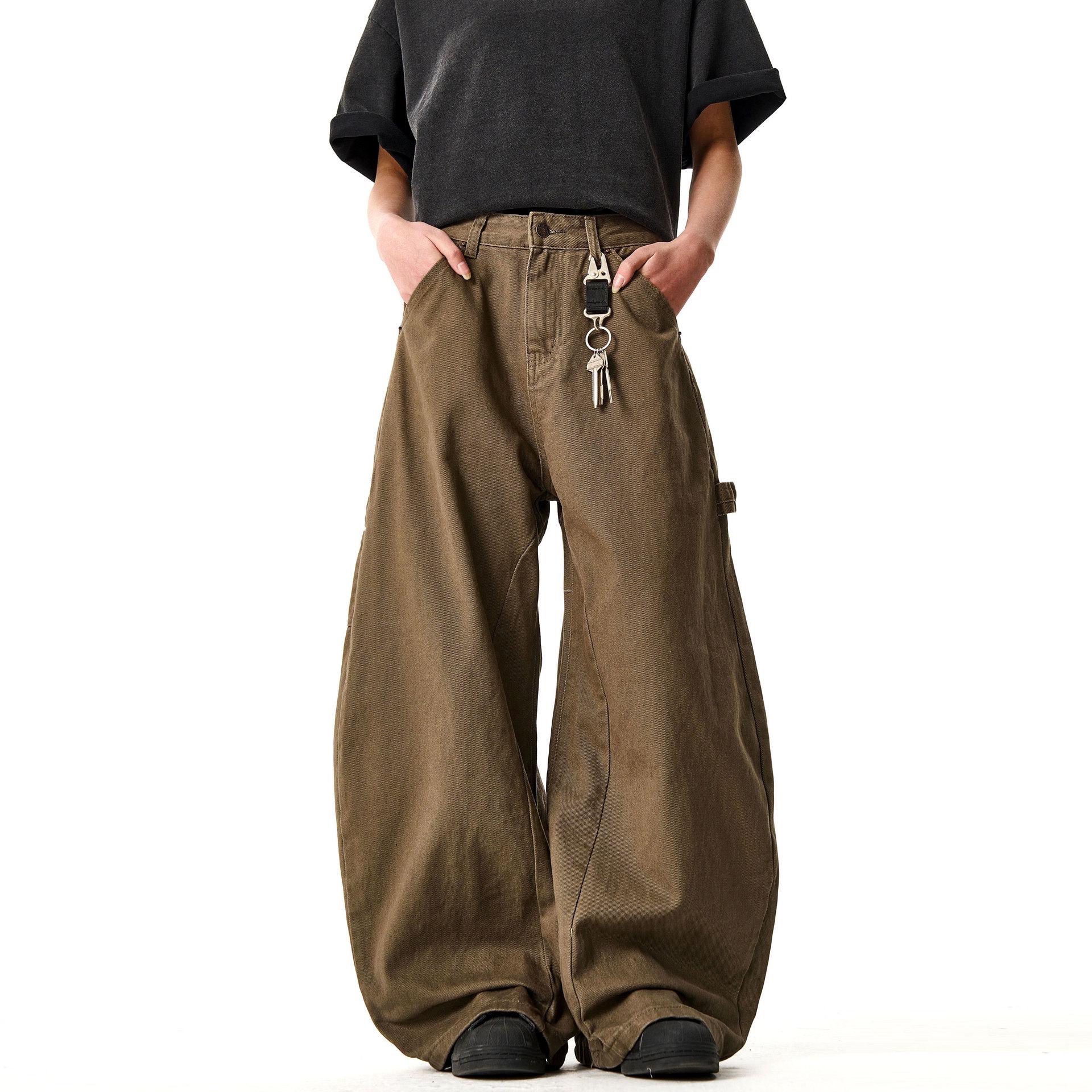 

Джинсы унисекс в американском ретро стиле: Деконструированные, Свободные, Широкие Повседневные Брюки M кофейный