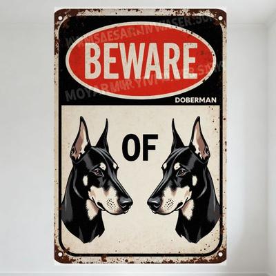Vintage Rusty Doberman Warning Metal Sign, Beware of Doberman Pinscher Illustration, Old Decorative Warning Plaque for Man Cave