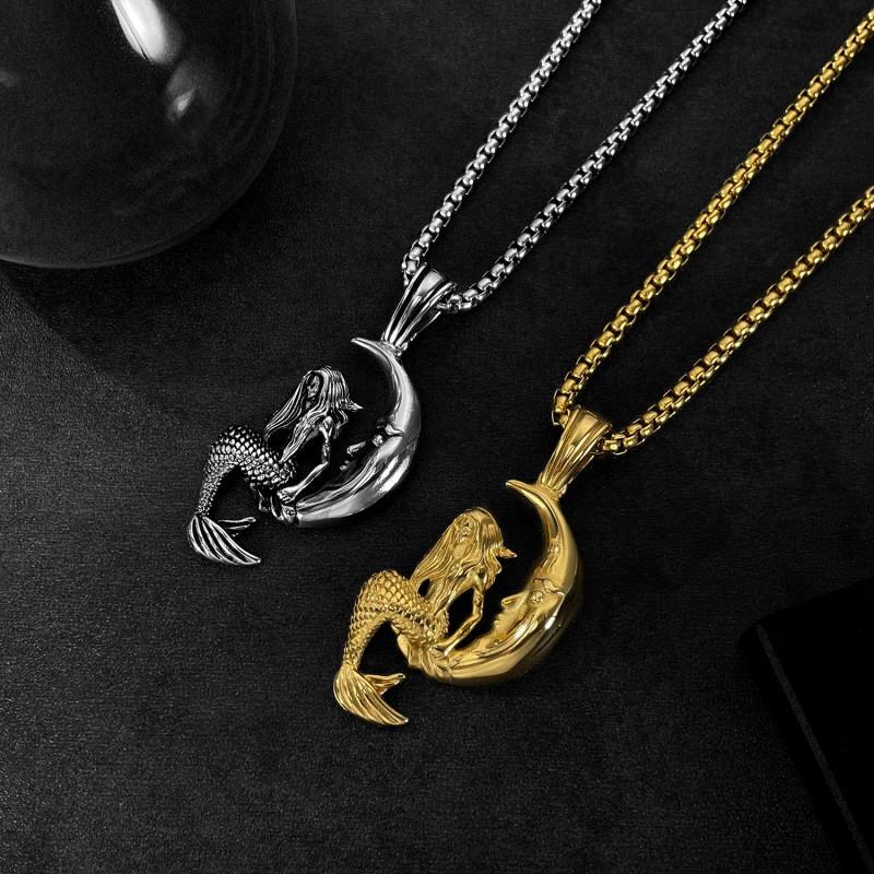 European American Versatile Personalized Necklace Men's Stainless Steel Trendy Creative Design Mermaid Moon Titanium Accessories