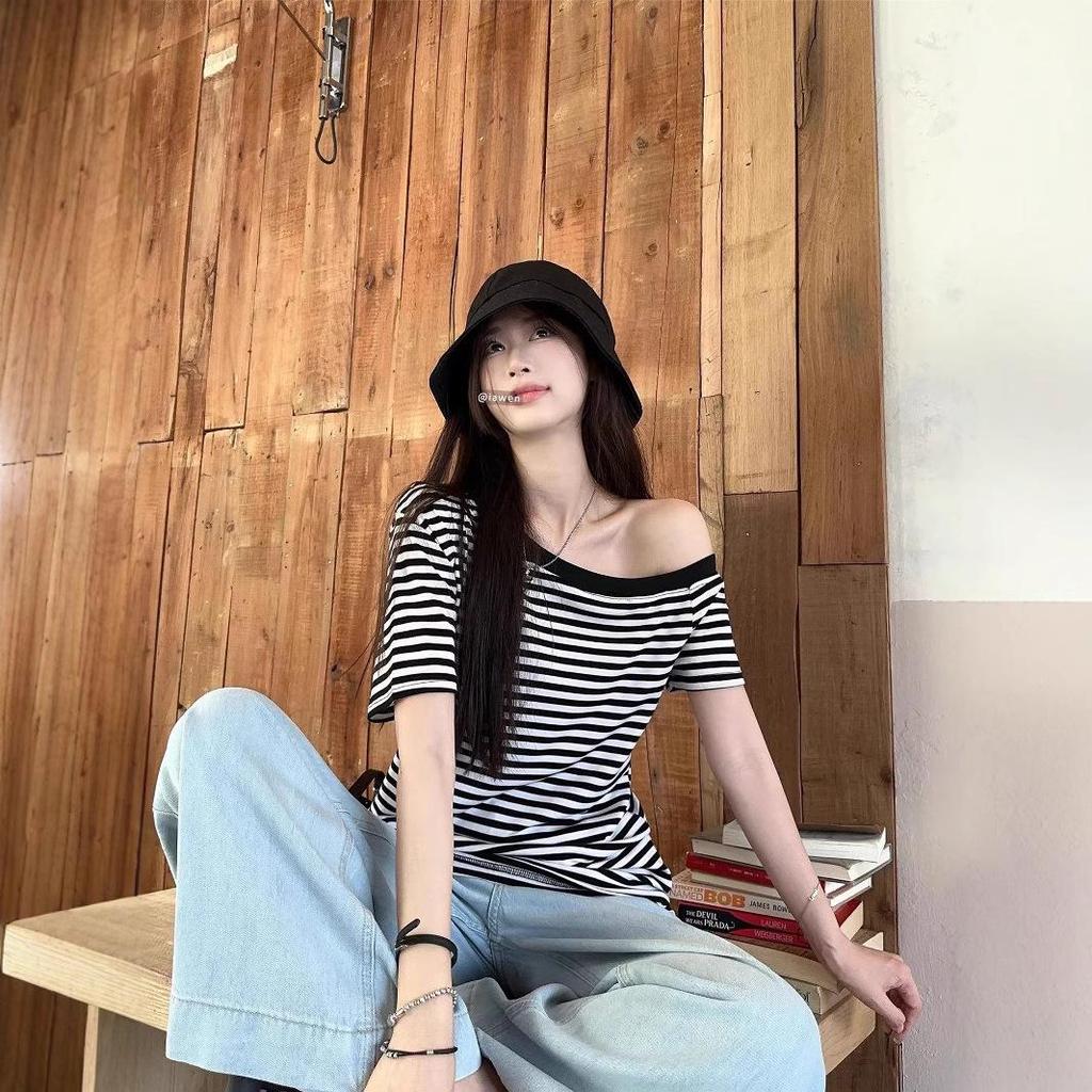 Summer Sexy One-Shoulder Striped Irregular Short-Sleeve Top for Women