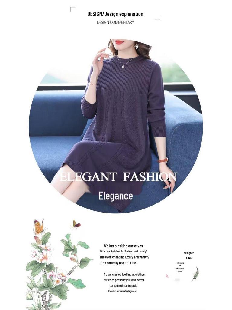 Korean Style Medium-Long Knit Dress for Spring/Autumn - Concealing Mother's Base Layer Wool Dress