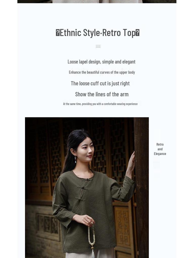 Spring & Autumn Retro Solid Color Cotton-Linen Zen Tea Top with Oblique Lapel & Frog Button