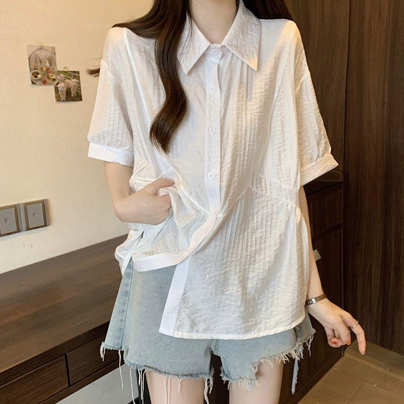 

Рубашка свободного покроя с воротником-поло в стиле ленивой моды для женщин, летняя, большого размера, с оборками по краю, блузки, рубашки 4XL белый