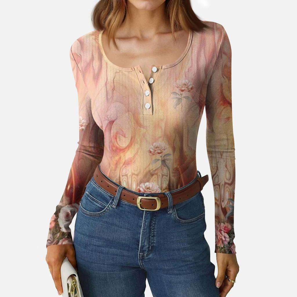 Women's Slim Bottom T-shirt Fashion Casual Gradient Printing Round Neck Pullover Long Sleeve Top