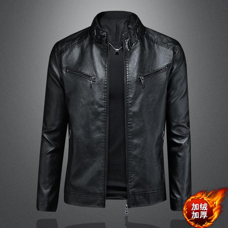 New Style Mens Stand Collar Leather Jacket For And Plus Size Trendy Casual Motorcycle Slim-fit Leather Jacket Set 5609