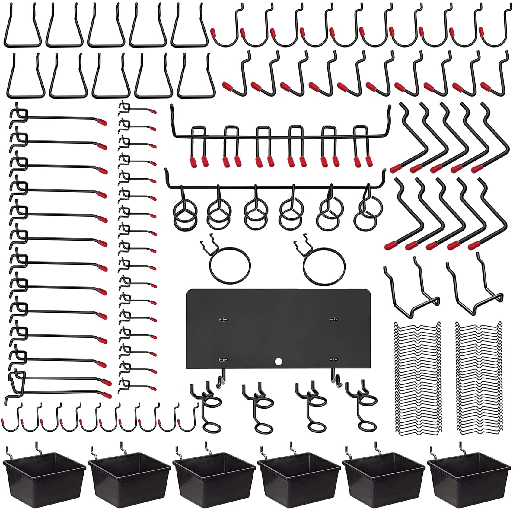

156-Piece Pegboard Hooks, Perforated Board Hooks, Ring Hooks for 1-6mm Thick Boards, 25mm Hole Pitch, with Plastic Boxes, Hanging Rack, Fixing Hardwar