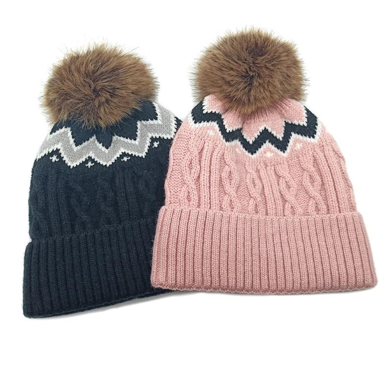 Warm Acrylic Knitted Hat with Color Block and PomPoms for Winter Comfortable Wear Adult and Kids Elastic Pullover Hat