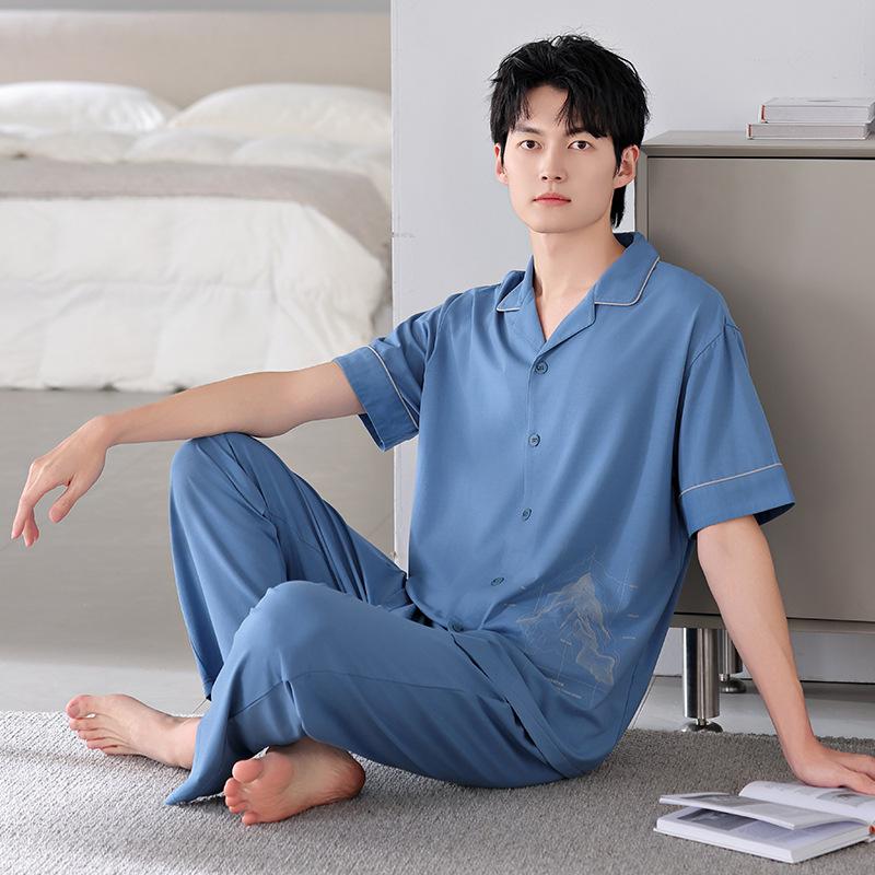 Pajamas Men's Summer Cotton Short Sleeve Trousers Men's Thin Summer Large Size Half Sleeve Men's Summer Loungewear Set