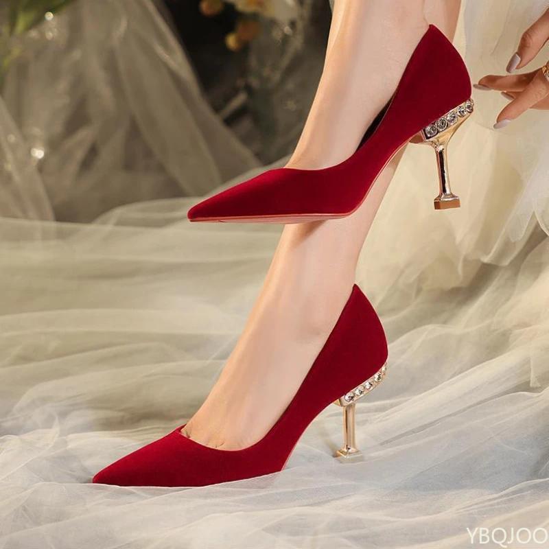 Red Women's High Heels Bride Shoes Sharp Pointed Elegant Pumps Versatile Comfortable Ladies Wedding Shoes Zapatos Mujer