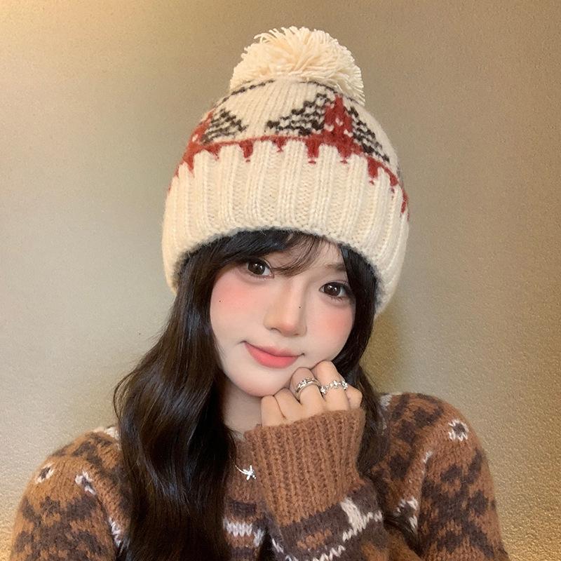Versatile Knitted Hat Fur Ball To Keep Warm and Cold Proof Ear Protecting Head Covering Hat Women's Loose Small Woolen Hat Showing Face