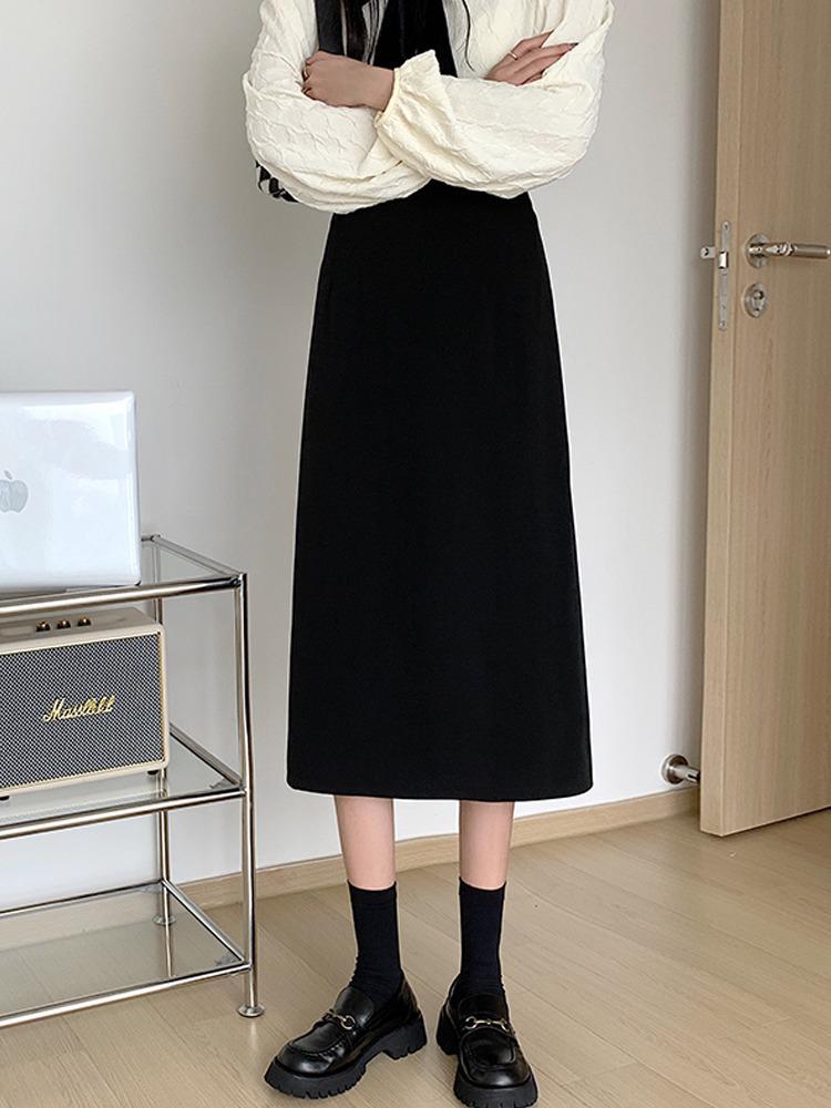 

2024 Women s Black Hepburn Style A-Line Midi Skirt for Pear Shapes with Hip-Covering Slit XXXL чёрный