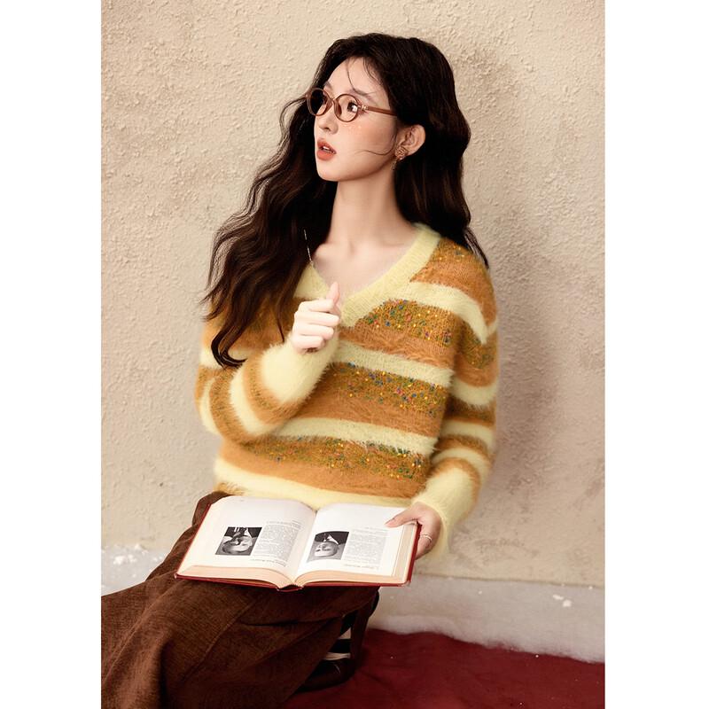 Mishow Women s Retro Yellow Striped Jacquard Knit Sweater M