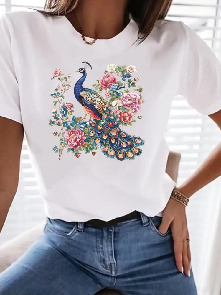 (Asian Size) Clothing T Shirt Woman Women Sweet Flower Floral  Fashion Tee Top Print Female Short Sleeve Graphic T-shirts