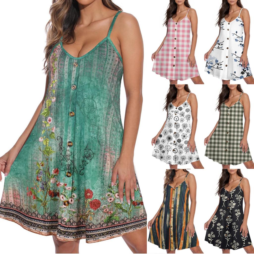 Damen Sommerkleid Lässig Mit Taschen Sommer Boho Strandkleid,Urlaubskleider Für Damen V-Ausschnitt Knöpfe Locker Tankkleider