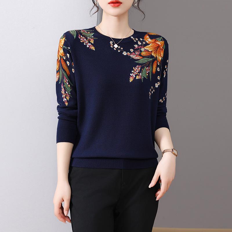 Druck Damen Pullover Frühling Herbst Koreanische Mode Pullover Langarm Top Blusas Femme Weicher O-Ausschnitt Gestrickter Schlanker Pullover