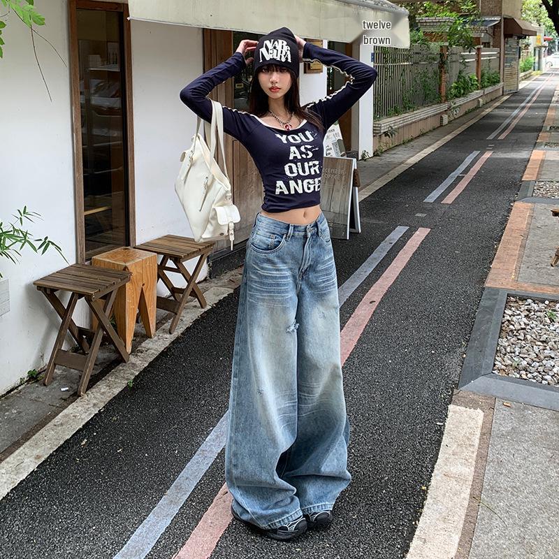 

Hong Kong Style Ripped High-Waist Wide-Leg Jeans for Women – New Autumn Design XL