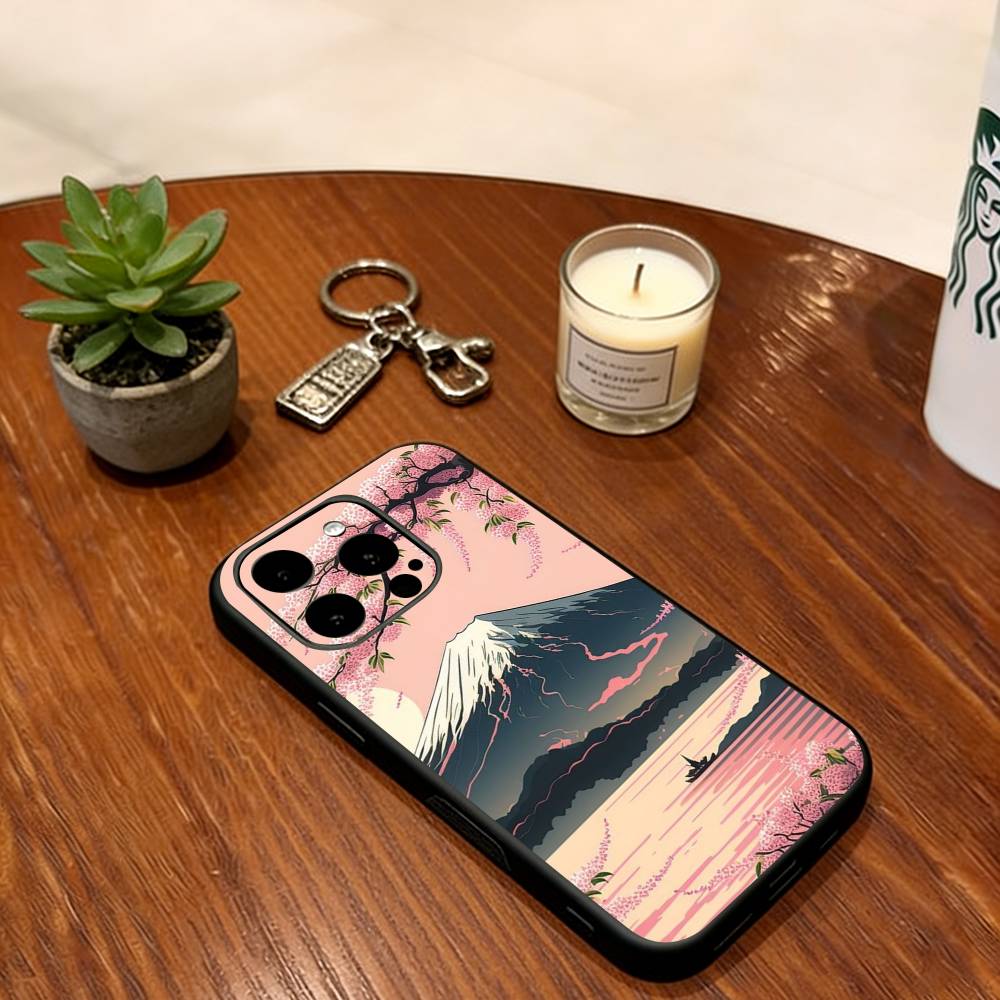 

Japan Mount Fuji Cherry Phone Case For iPhone 17,16,15,14,13,12,11 Plus,Pro Max,XS,Soft Silicone Black Cover iPhone16