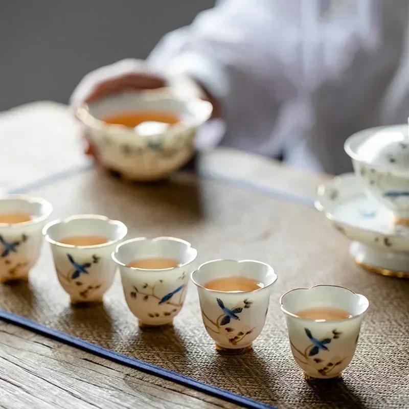 1 Pc Chinese Ceramic Teacup Master Handmade Suede Jade White Porcelain Tea Bowl Hand-Painted Bird Tea Cup Household Tea Set