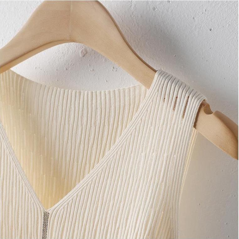 Ice Silk Suspender Tank Top Women's Bottom Coat Summer Short Loose Sleeveless White V-neck Knitted Casual Top