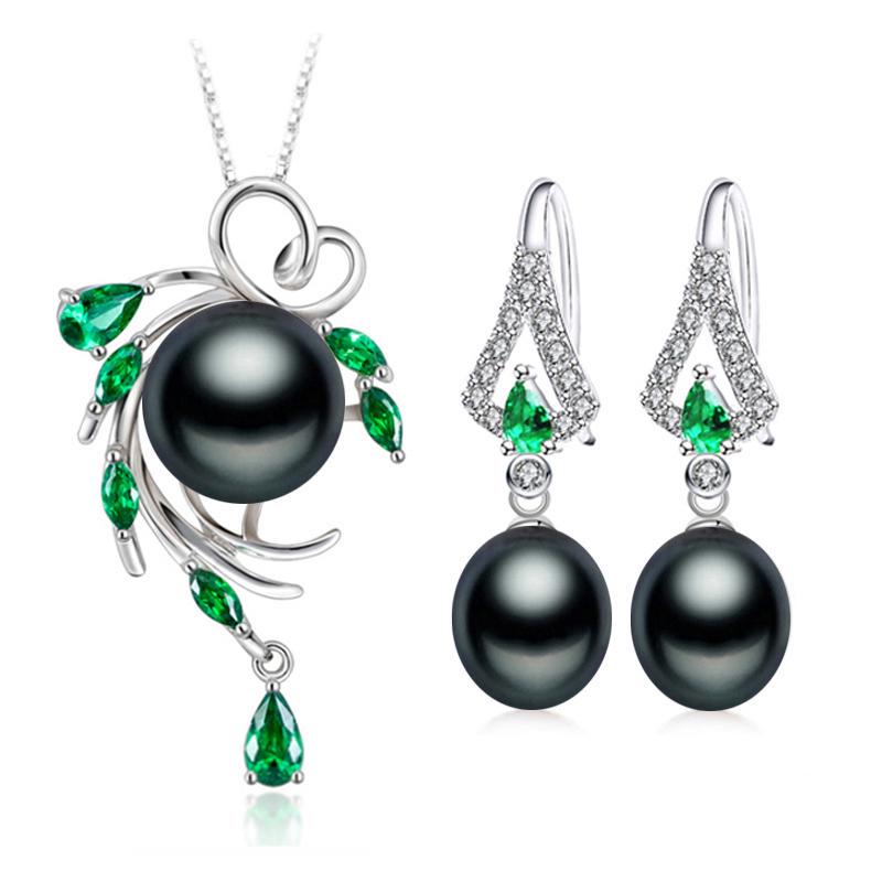 LSOOYH Green Crystal Freshwater Pearl Long Earrings Jewelry Sets Cubic Zirconia Leaf Necklace